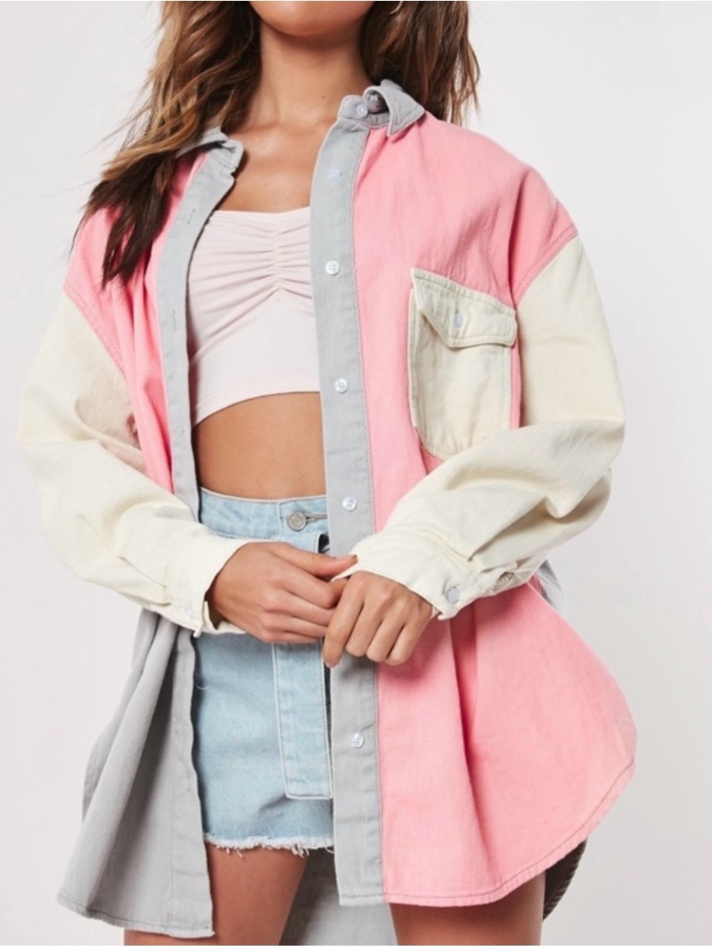 Missguided Shirt Women Gray Pink Color Block Oversized Denim Button Up SZ 8 NWT